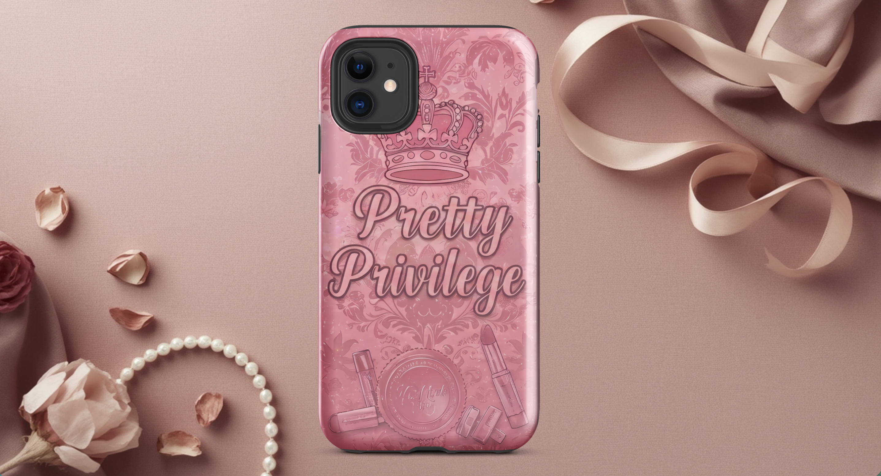 pink phone case with a damask pattern, a crown graphic, and the text 'Pretty Privilege' in script, displayed on a phone. The case is styled in a flat-lay arrangement with a pearl necklace, rose petals, and a beige ribbon on a dusty pink background.