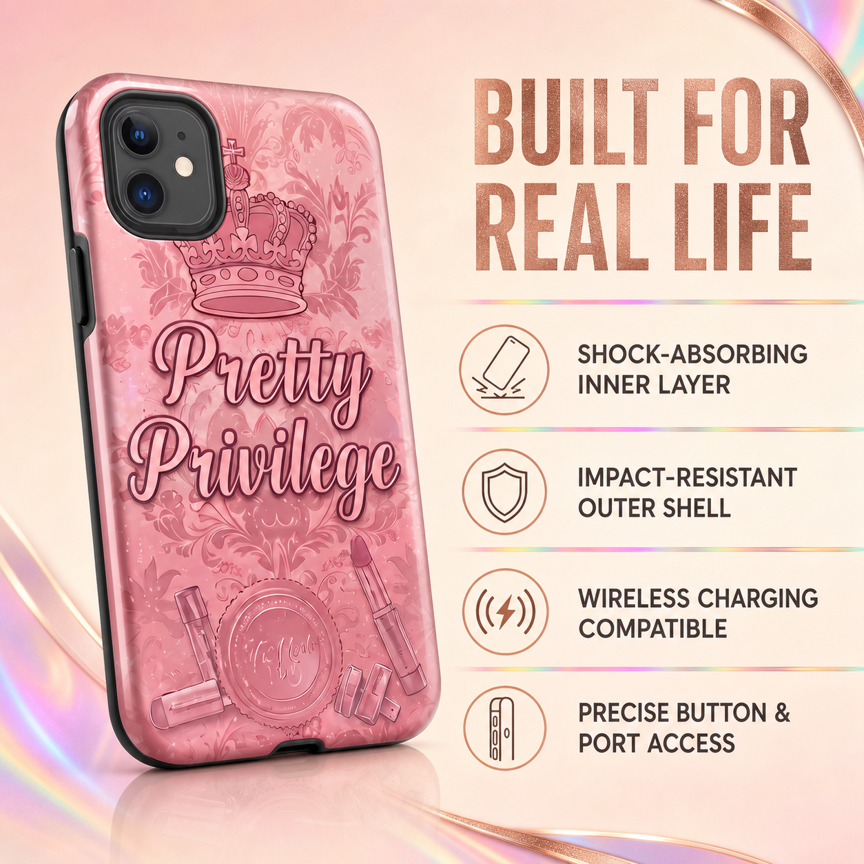 Pretty Privilege Damask tough phone case protection and charging benefits