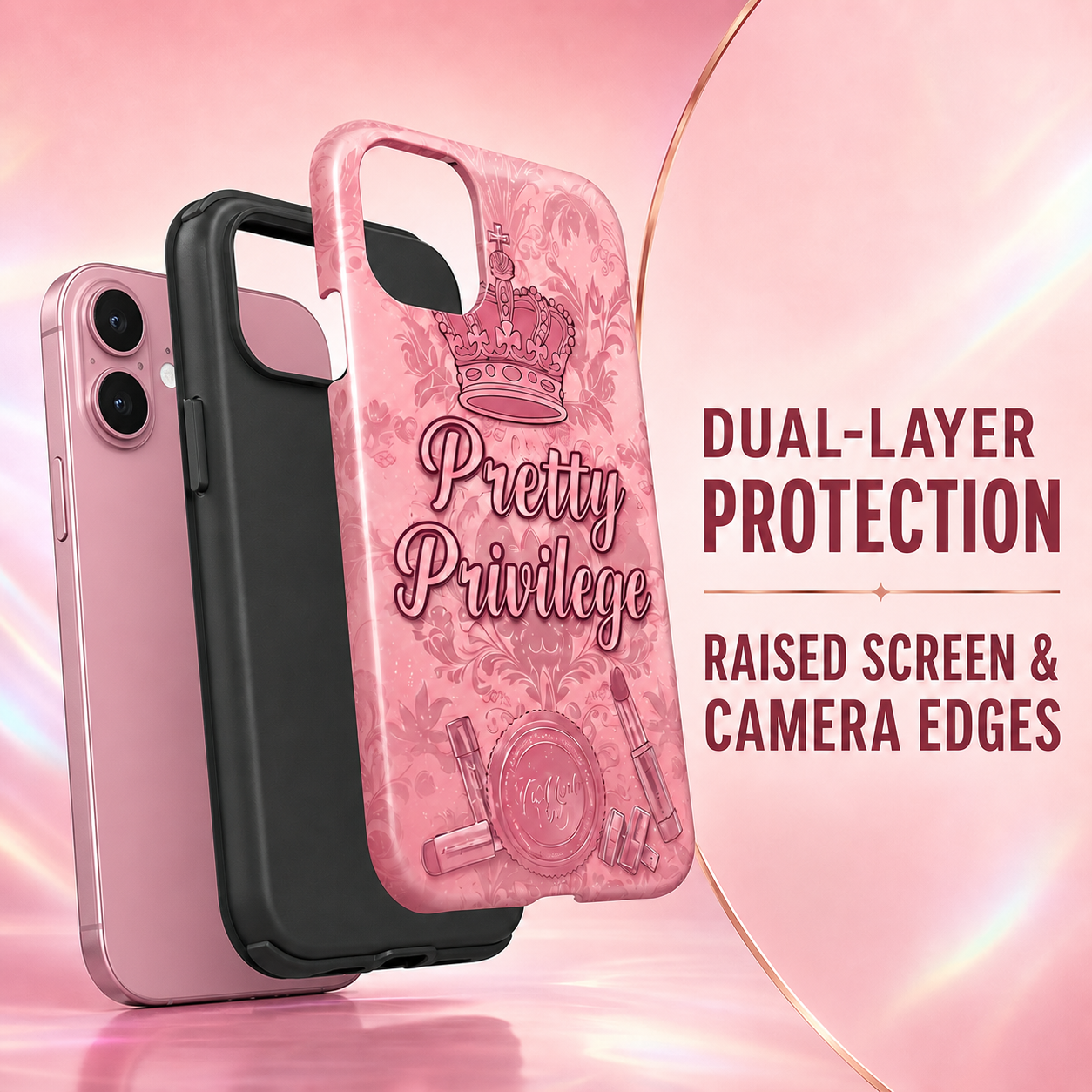 Pretty Privilege Damask tough phone case dual-layer protection and raised edges
