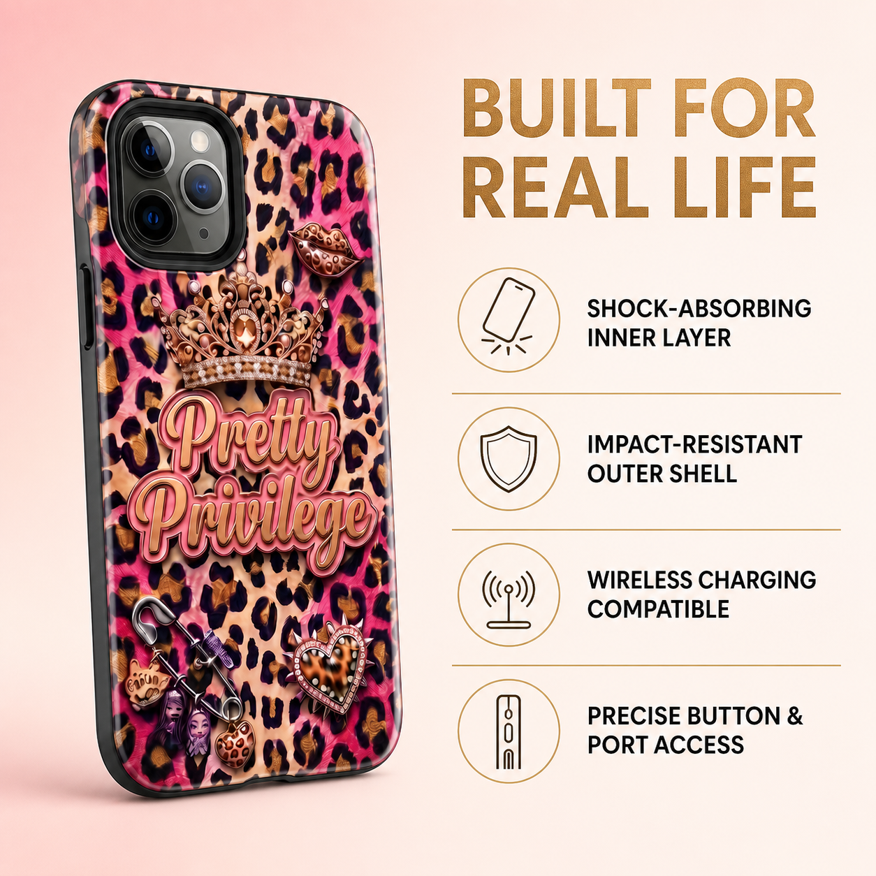 Pretty Privilege Leopard tough phone case protection and charging benefits