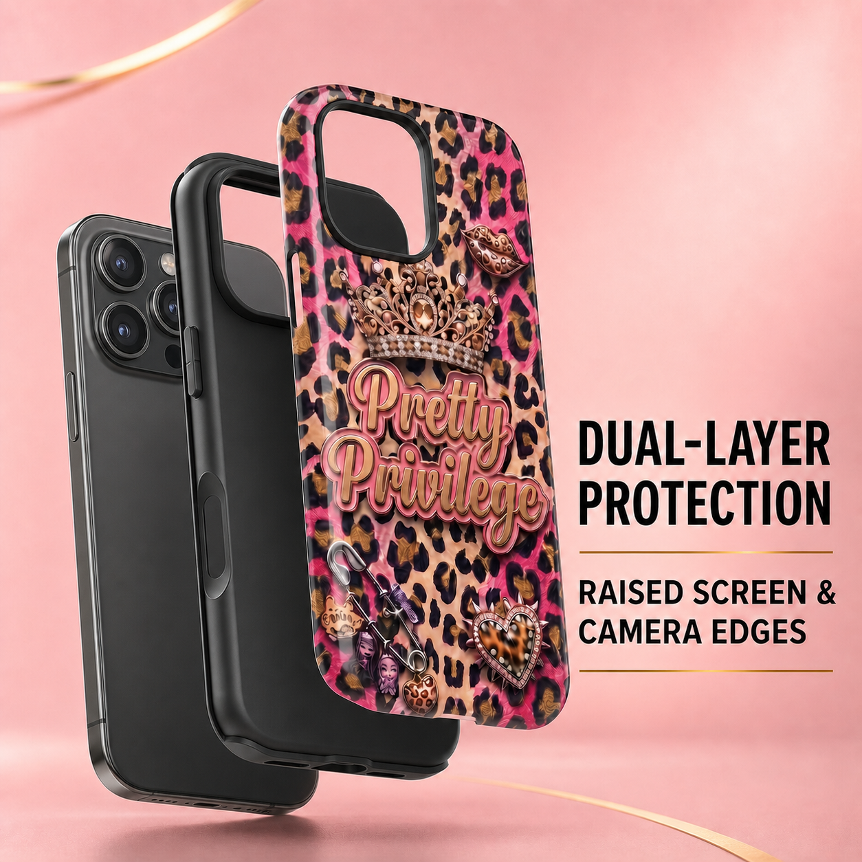 Pretty Privilege Leopard tough phone case dual-layer protection and raised edges