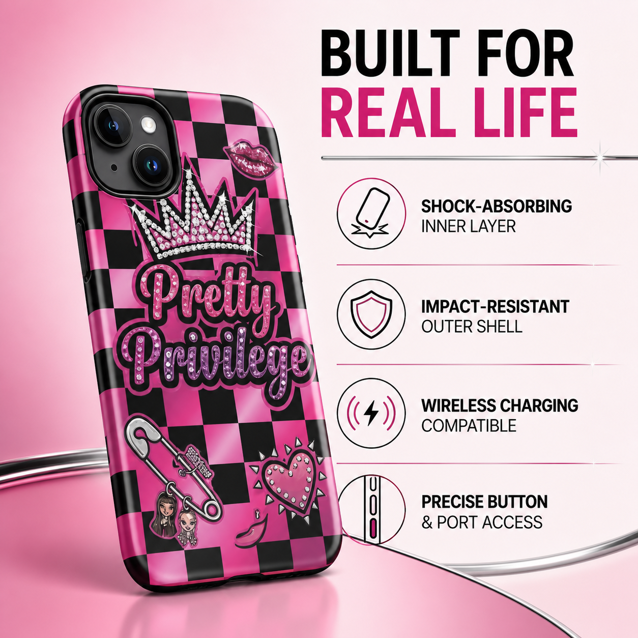Pretty Privilege Brat tough phone case protection and charging benefits