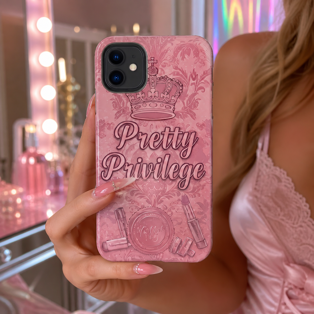 Pretty Privilege Damask tough phone case held in a blush dressing room