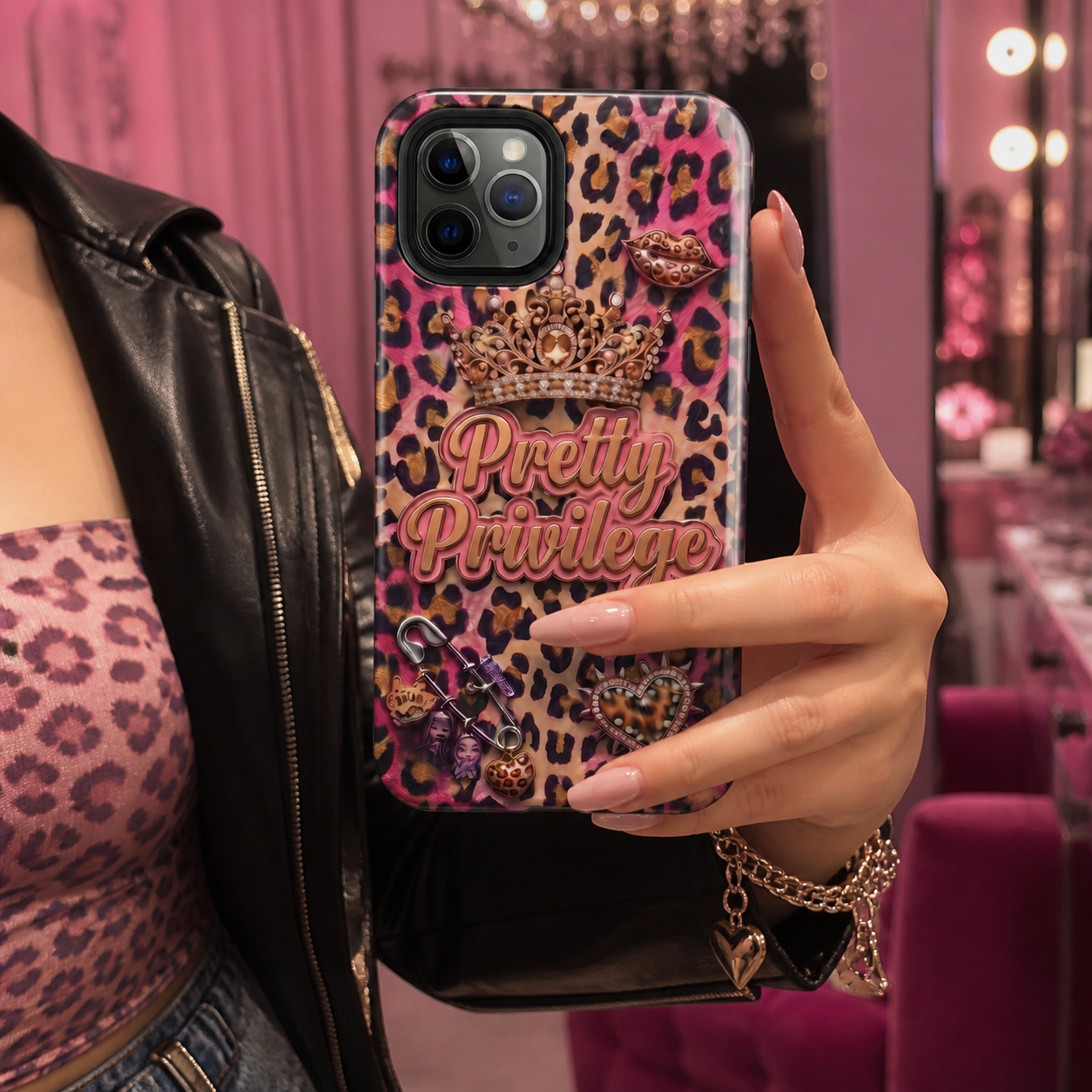 Pretty Privilege Leopard tough phone case held in a pink dressing room